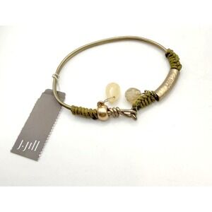 J Jill Boho 8" Bangle Bracelet Olive Cord Brass Tone Stone Bead Drops‎ NWT